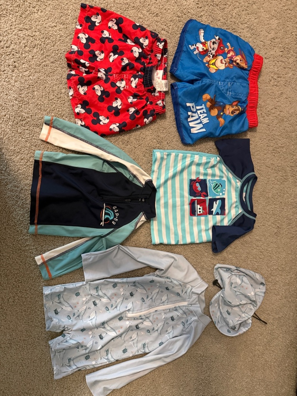 Kids Swim Shorts and Rash Guards - Red, Blue, Teal, Light Gray